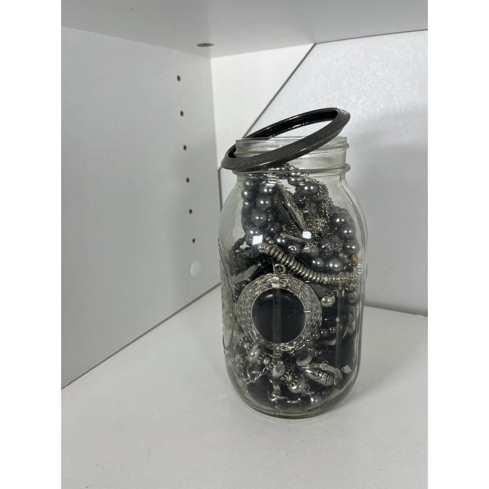 Black and Silver Tone Mixed Costume Jewelry Lot in Mason Jar Assorted Bundle